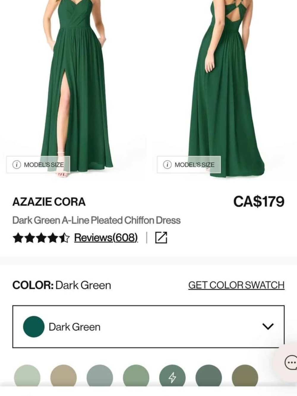 Azazie Cora Dark Green A-Line Chiffon Dress